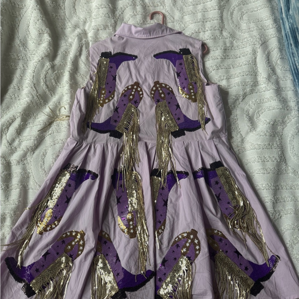 QUEEN OF SPARKLES Lilac Dress with Purple and Gold Fringe Embellishments - Picture 2 of 2